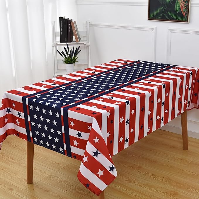 Classic 4th of July Tablecloth Fabric - Oblong 58x120 Water Resistant Chequered Memorial Table Cloth for Indoor/Outdoor Use - Tabletop Cover for Birthday, Picnics, Gardens, and Parties