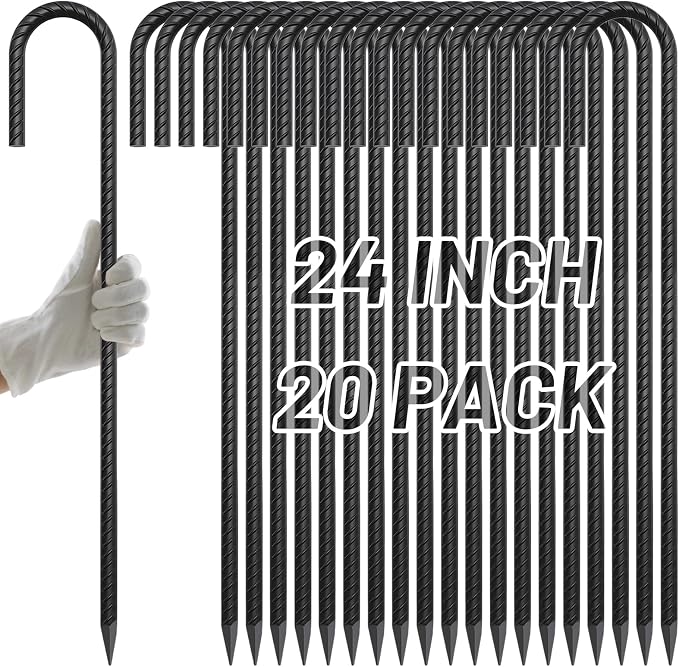AAGUT Rebar Stakes 24 Inch J Hook Heavy Duty 20 Pack, 1/2 Inch Extra Long Tent Stakes with Chisel Point End, Black Coated Metal Ground Anchors for Garden, Chain Link Fence, Camping, Greenhouse