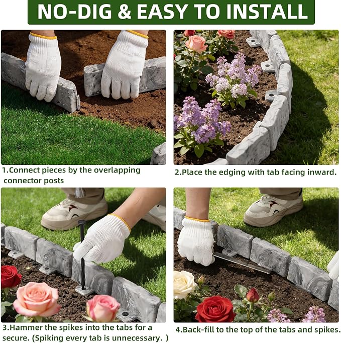 Landscape Edging Garden Edging Border Faux Stone Edging,17FT x 2.75 in Tall Decorative Stone-Look Garden Border for Flower Bed Edging,Yard Edging,Lawn Trees and Gardens,with Anchoring Spikes,Gray
