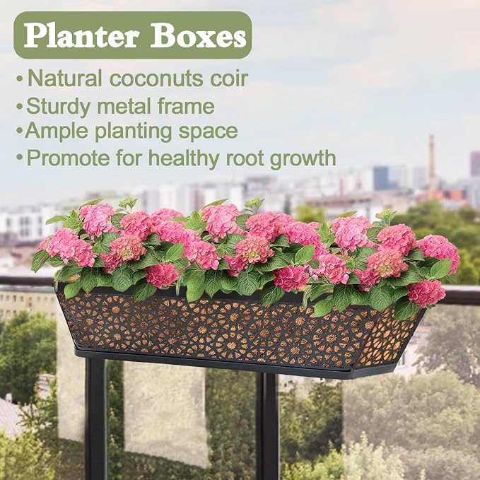 Black Metal Railing Planter Window Box (2 Pack, 24 Inch) Horse Trough Planter with Coco Fiber Liner Deck Balcony Rail Planters for Porch Fence Patio Outdoor Garden Décor