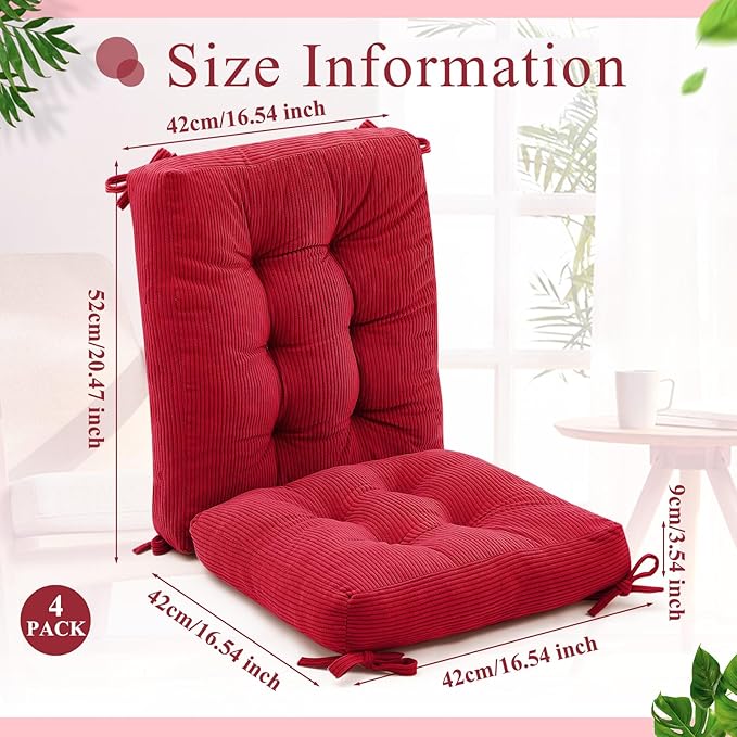 Juexica 4 Set Outdoor Patio Chair Cushions Corduroy Seat High Back Tufted Pillow Replacement Rocking Chair Cushions Patio Chair Pads for Autumn Winter Seasonal Indoor Home Office(Red)