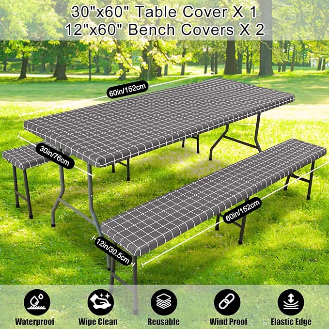 Smiry Picnic Table Cover with Bench Covers, Waterproof Elastic Fitted Tablecloth for 5 Foot Tables, Washable Polyester Tablecloths for Camping, Indoor & Outdoor (Grey & White, 30x60 Inch 3-pc Set)