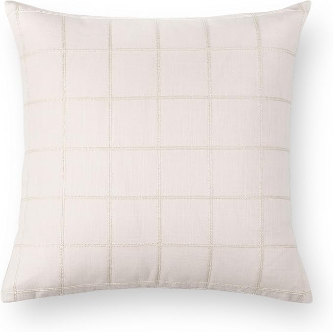 Crumbs Home Modern Farmhouse Fall Linen Indoor Outdoor Throw Pillow Cover Only, 22"x22" Water Repellent for Patio, Backyard, Couch, Neutral Beige Plaid