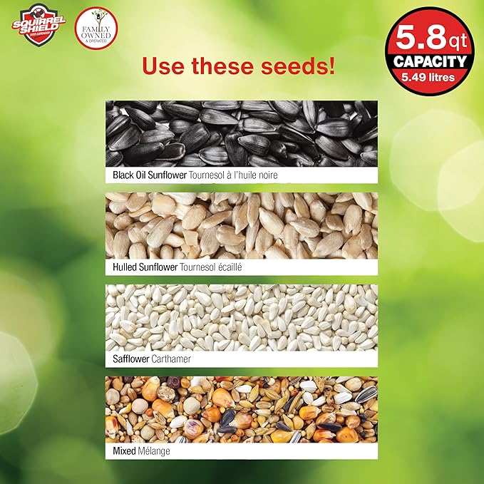 Squirrel Shield Metal Hopper Squirrel Proof Outdoor Wild Bird Seed Feeder, Hanging Bird Feeder, 2 Weight Activated Feeding Ports, Easy to Fill Roof Opening, White