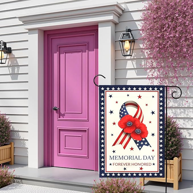 Memorial Day Garden Flag Forever Honored Patriotic Outdoor Yard American Flags Ribbon Poppy Honor Fallen Soldiers Military Remembrance House Banner Porch Patriotic Home Decor 12x18 Inch