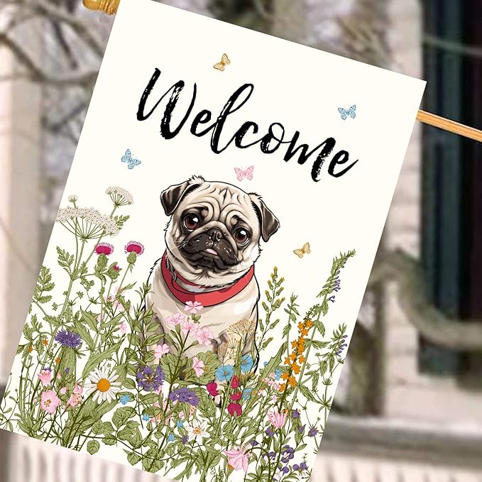 Floral Pug Garden Flag Spring Summer House Flags 28 x 40 Double Sided Flower Dog Yard Flags for Outside Large Outdoor Welcome Flags