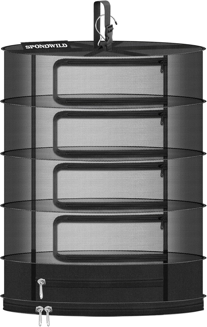 Herb Drying Rack Hanging Mesh, Large 5 Layer Plant Drying Rack with Door Type Zipper & Closed Storage Compartment for Folding Basket Dryer Fiting in Grow Tents, Garden Outdoor