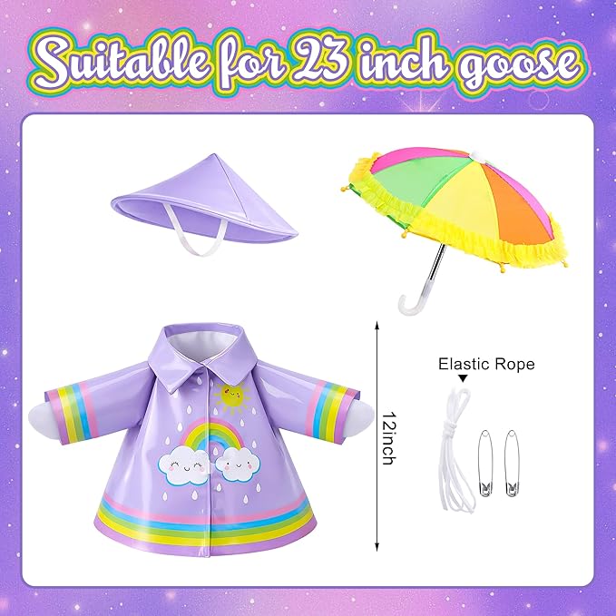 DECOHS 3 Pcs/Set Raincoat Porch Goose Outfits, Summer Lawn Goose Statue Raincoat Costume, Yard Goose Clothes Raincoats Umbrella Hat Outfit for 23" Statue Patio Garden Decoration (Purple Rainbow)