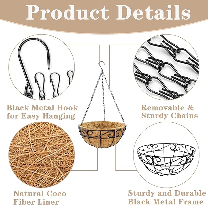 EIMQUVW Outdoor Metal Hanging Planters Basket (2pack, 14 inch) Hanging Baskets for Plants Chain Round Wire Plant Holder with Coco Fiber Liners for Garden, Patio, Deck, Porch(Flower Border)
