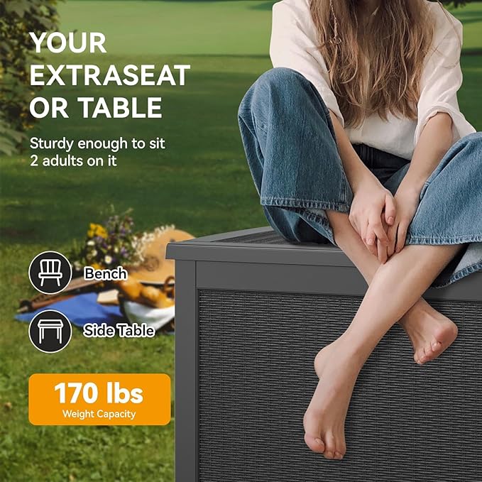KAMABOKO 300 Gallon Outdoor Storage Box, Resin Deck Boxes Indoor and outdoor, Waterproof Storage Box Lockable Lid for Garden Tools, Package Delivery, Patio Cushions, Black