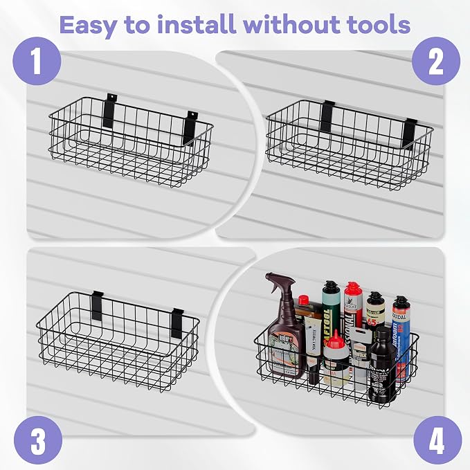 SMARTSTANDARD 30PCS Slatwall Accessories, Includes 4PCS Wall Baskets and 26PCS Multi Shapes(J/U/Straight) Hooks, Accessory for Garage Wall Organizer & Retail Display