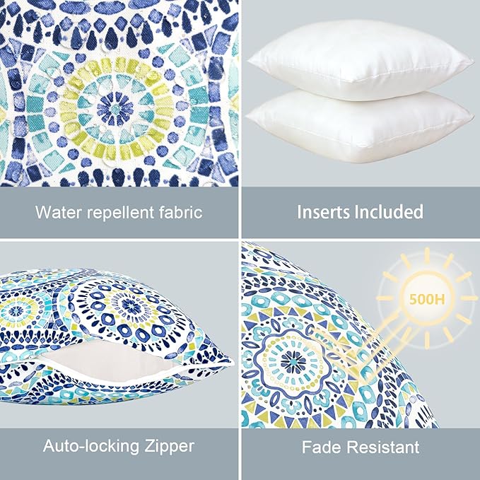 LVTXIII Outdoor Throw Pillows Set of 2, Patio Waterproof Pillows Fade Resistant Accent Pillows for Home and Garden Furniture Decoration, 18"x18", Delancey Baltic