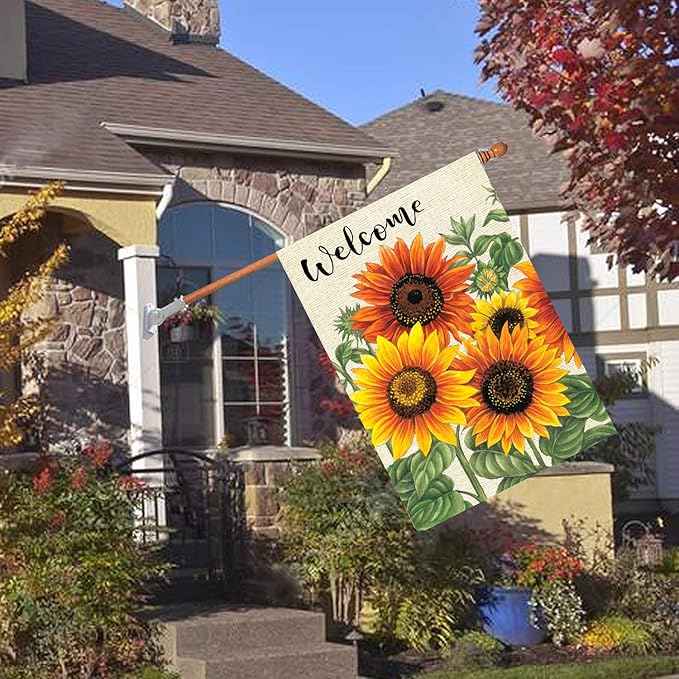 Wamika Welcome Sunflower Fall Autumn Maple Leaves Double Sided Burlap Garden Yard Flag 28" x 40",Summer Fall Sunflowers Flower Farmhouse Burlap Decorative Garden Flags Banner for Outdoor Home