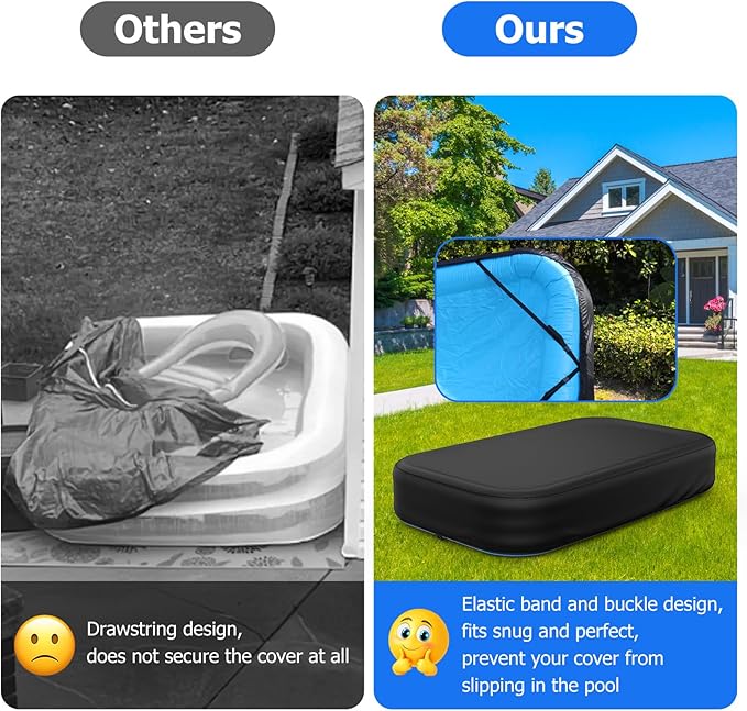 Rectangular Pool Cover for Inflatable Pool, Fits Blow Up Pool Size 103" L x 69" W, Built-in Elastic Band and Extra Buckle to Prevent Slipping, Rectangle Above Ground Swimming Pool Cover