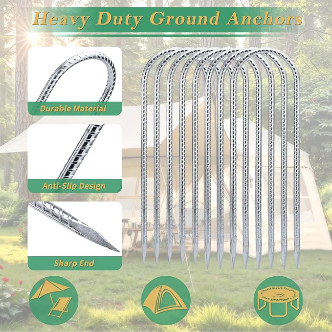 YANYUCB Ground Anchors,8 Pack Galvanised Threaded Steel Rebar Stakes,Trampoline Stakes,12 Inch Heavy Duty U Hook Ground Stakes for Fixing Tents,Swing Frames,Trampolines,Gardening