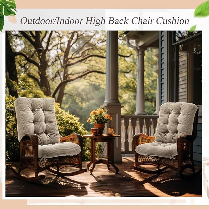 Juexica 4 Set Outdoor Patio Chair Cushions Corduroy Seat High Back Tufted Pillow Replacement Rocking Patio Chair Pads for Outdoor Indoor Home Office (Beige)