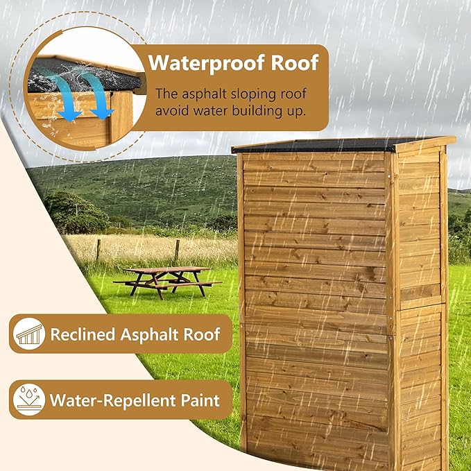 YOPTO Outdoor Wood Storage Cabinet,Garden Shed Tool with Lockable Door and Waterproof Roof,Backyard Building w/ 2 Removable Shelves & Adjustable Feet,for Lawn Patio,34.25" L x 18.5" W x 63" H,Natural
