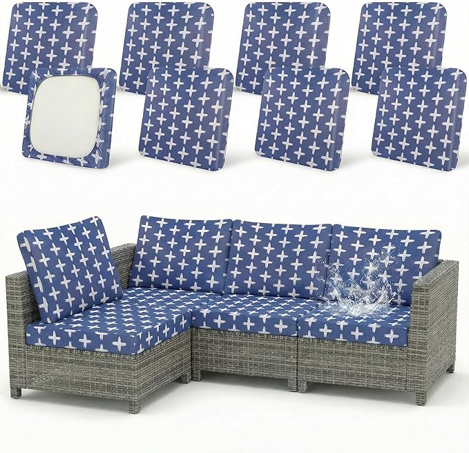8 Pack Outdoor Cushion Covers Water Resistant High Stretch Fit Patio Cushion Covers 180g Couch Seat Slipcovers Machine Washable Pet & Kids Friendly Home Refresh 20-27 Inch, Navy Cross