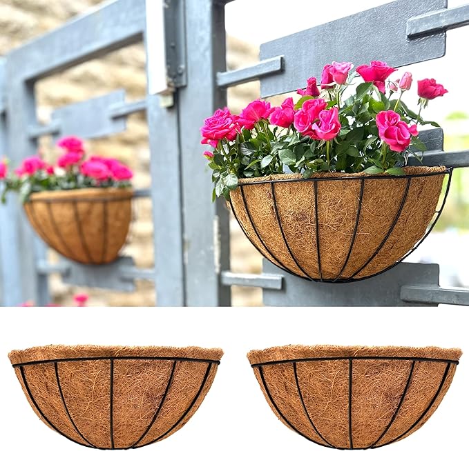 LalaGreen Bundle - 14" x 2 Pack + 14" 2 Pack Hanging Flower Baskets with Coco Liner in Two Different Designs Herb Pot Holder Rail Planter Outside Railing Deck Vertical Garden Wire Pots