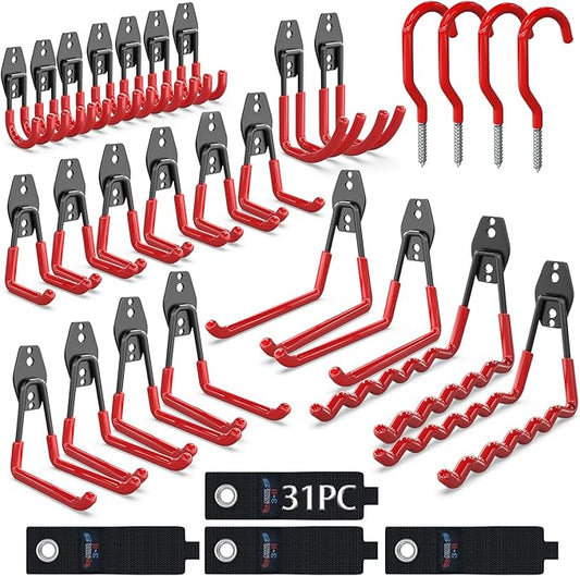 3-H Garage Wall Hooks Heavy Duty 31 Pack, Anti-Slip Steel Wall Mount Storage Hooks for Hanging Ladder Garden Yard Tools, Utility Organizer for Garage Lawn Shed(Red)