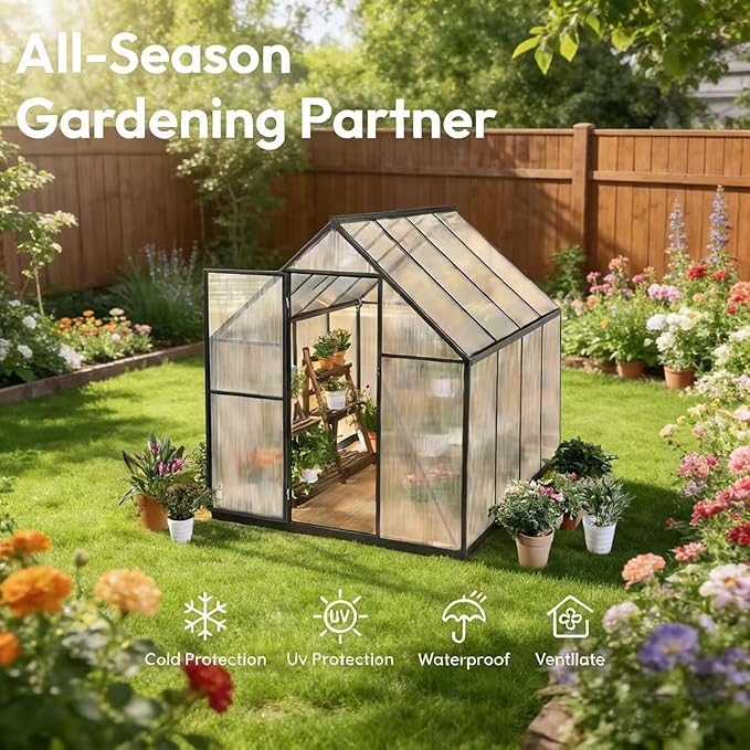 6x8 FT Greenhouse for Outdoors, Polycarbonate Greenhouse with Quick Setup Structure and Roof Vent, Aluminum Large Walk-in Green House for Outside Garden Backyard, Charcoal Black
