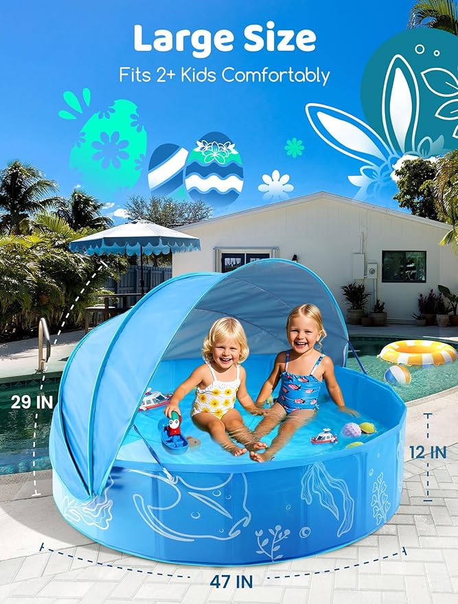 Hikiddy Foldable Kiddie Pool with Canopy: 31.5in/ 47in /63in for Baby Toddler Kids Family - Summer Water Play Pool with Shade - Portable for Outdoor Backyard Beach (Blue-Blue, 47in)