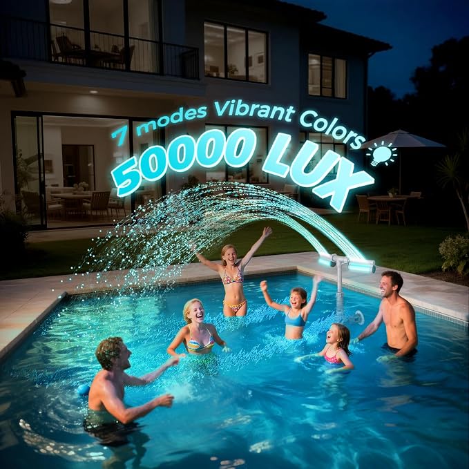 Pool Fountain 7-Color 4 Modes LED Lights for Above/Inground Pools, Dual Sprayer Sprinkler Waterfall Cool 20℉, Pool Lights with Remote, Adjustable Height 16-22", Swimming Pool Accessories,Outdoor Decor