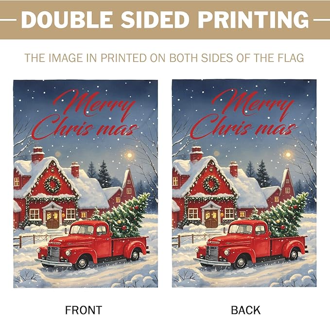 Merry Christmas House Flag 28x40 Inch Red Truck House Xmas Winter Holiday Seasonal Theme Decorative Garden Flags for Outside Double Sided Outdoor Home Farmhouse Decoration Porch Yard Decor