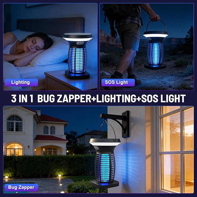 Solar Bug Zapper Outdoor,Rechargeable & Solar Powered,4200V High Voltage for Effective Mosquito & Multi-Insect, Pet/Child Safe with UV Light,Waterproof for Camping Courtyard Indoor Outdoor