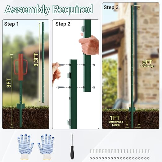 Metal Fence Posts, 16 Pack of Splicing 6 FT Green Heavy Duty U Posts, No Dig T Posts for Fences Wire Mesh, Perfect for Temporary Fencing, Electric Fence Wire, Corner Anchor