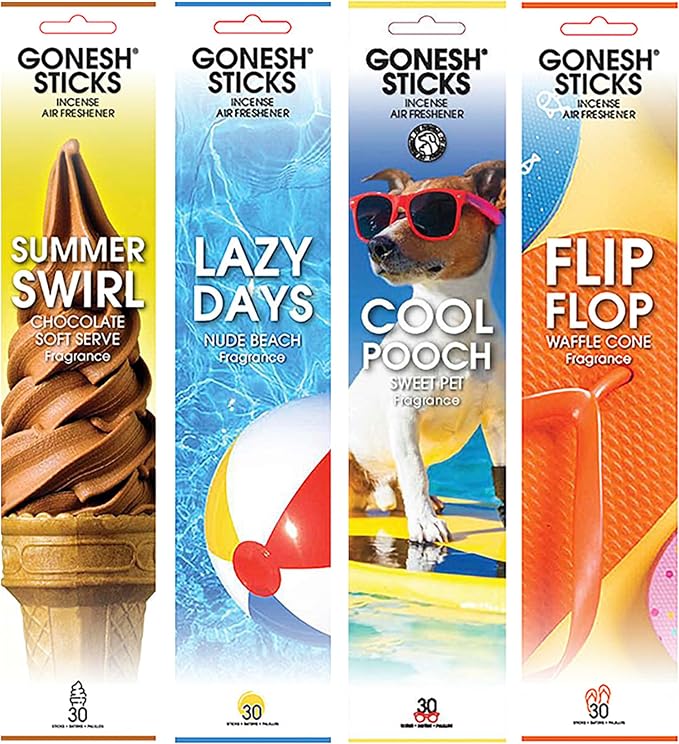 Gonesh Scents of Summer - Incense Sticks Variety Pack - Non-Toxic 10” Slow Burn Aromatic Sticks - Summer Swirl, Flip Flop, Cool Pooch, Lazy Days - 30 Count Each