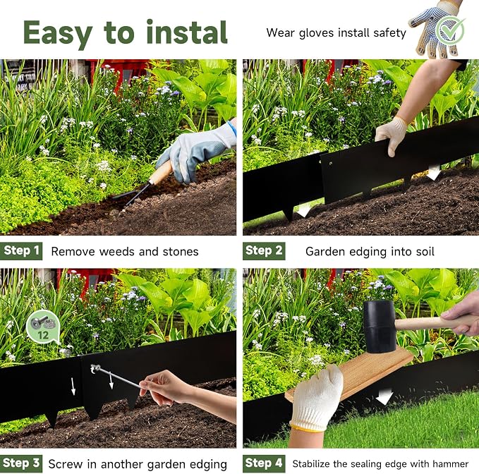 Steel Landscape Edging - 40" LX10 H Metal Garden Edging - Landscape Lawn Edging - 20FT Total 6 Pcs - No-Dig Hammer Heavy Duty Metal Edging Bendable Border Strips for Lawn Yard Black GJWCVL - 6 Clips