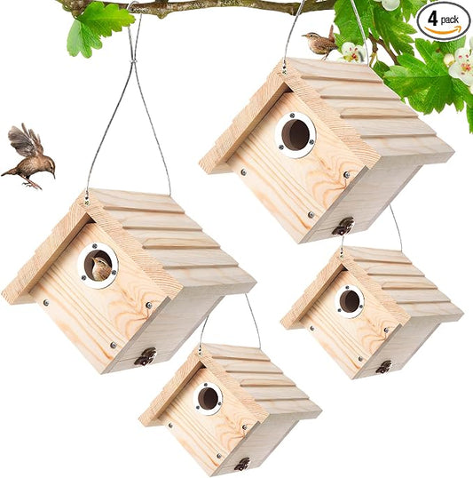 Dreyoo 4 Pack Wren House, 1-1/8'' Entrance Hole Hanging Wooden Wren Bird Houses for Outside with Metal Guard, Air Vents, Pine Wood for Chickadees (Wood)