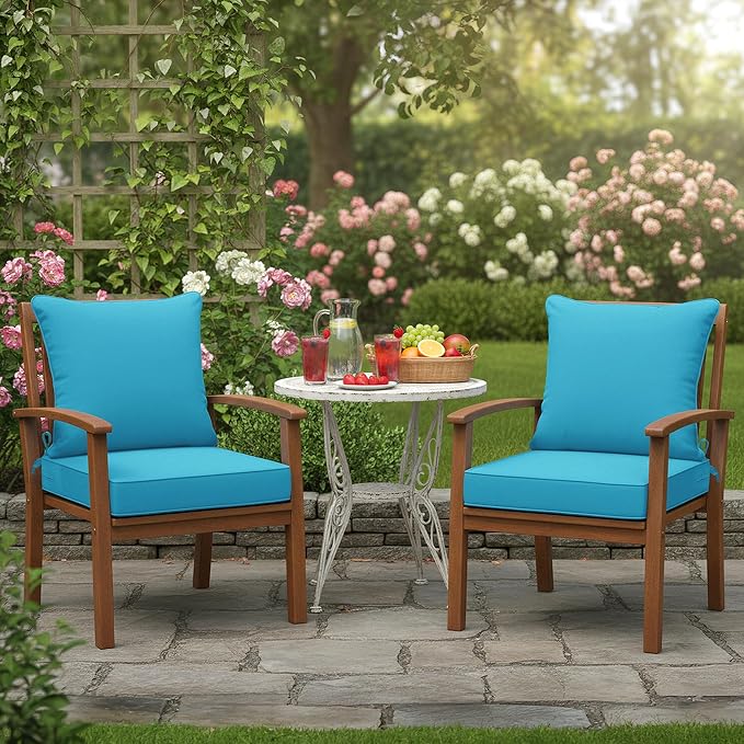 Summsun Waterproof Outdoor Cushions for Patio Furniture, Fade Resistant Backrest and Deep Seat Cushion Set with Removable Cover, 24 x 24 Inch, Teal, Set of 2