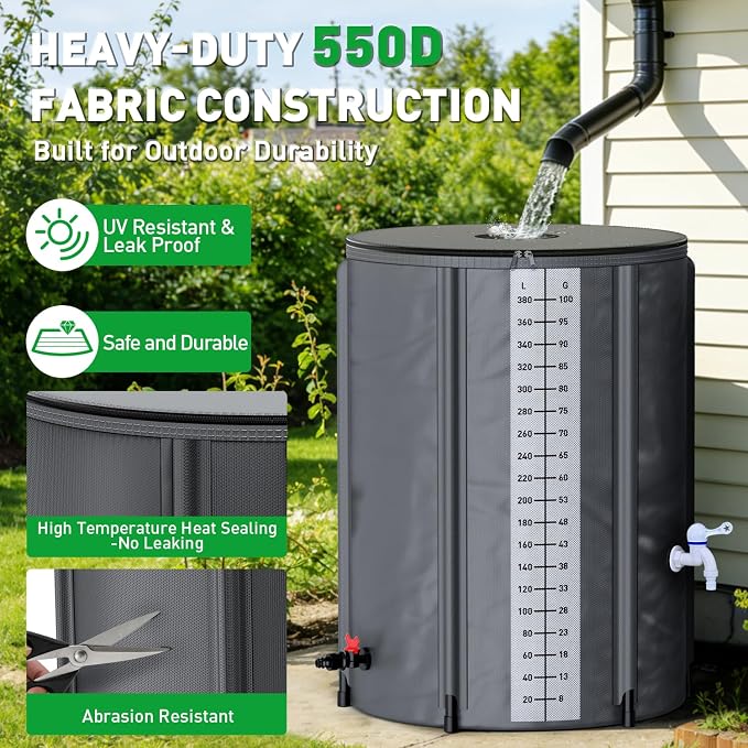 Yesker Collapsible Rain Barrel, 100 Gallon Portable Rainwater Collection System, 550D PVC Water Storage Tank, Rain Catcher with Spigots Filter Overflow Kit, Grey