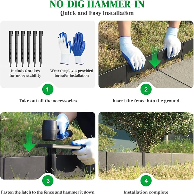 Hlogree 6 Pack Metal Landscape Edging, Garden Edging, Garden Border with 6 Pcs Anchor Stakes, No-Dig Hammer-in Heavy Duty Metal Edging Border for Flower Bed, Yard & Pathway (Black, 6inch)
