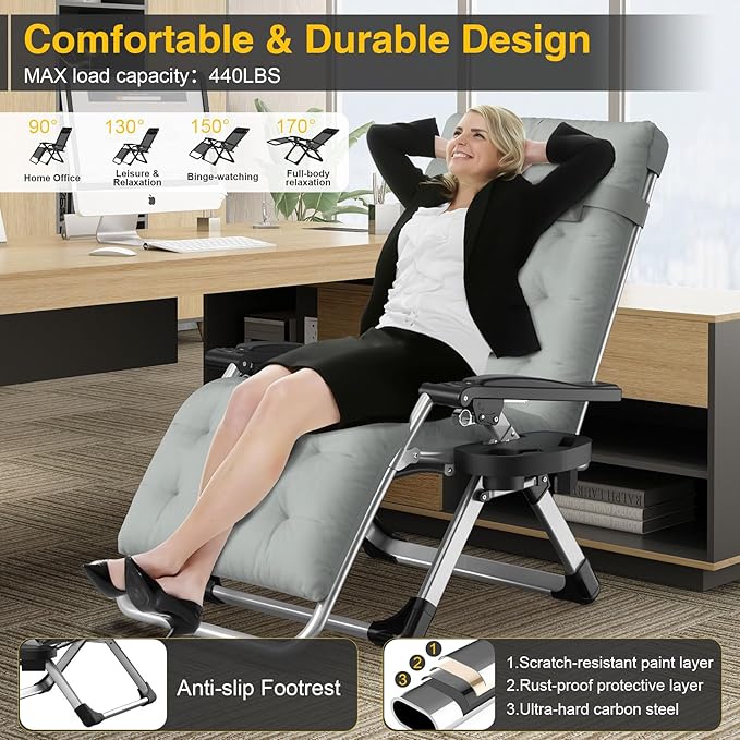 Suteck Zero Gravity Chair, Reclining Camping Lounge Chair with Aluminum Alloy Lock, Folding Patio Recliner w/Removable Pad, Adjustable Headrest and Side Tray for Outdoor Patio, Lawn, and Camping