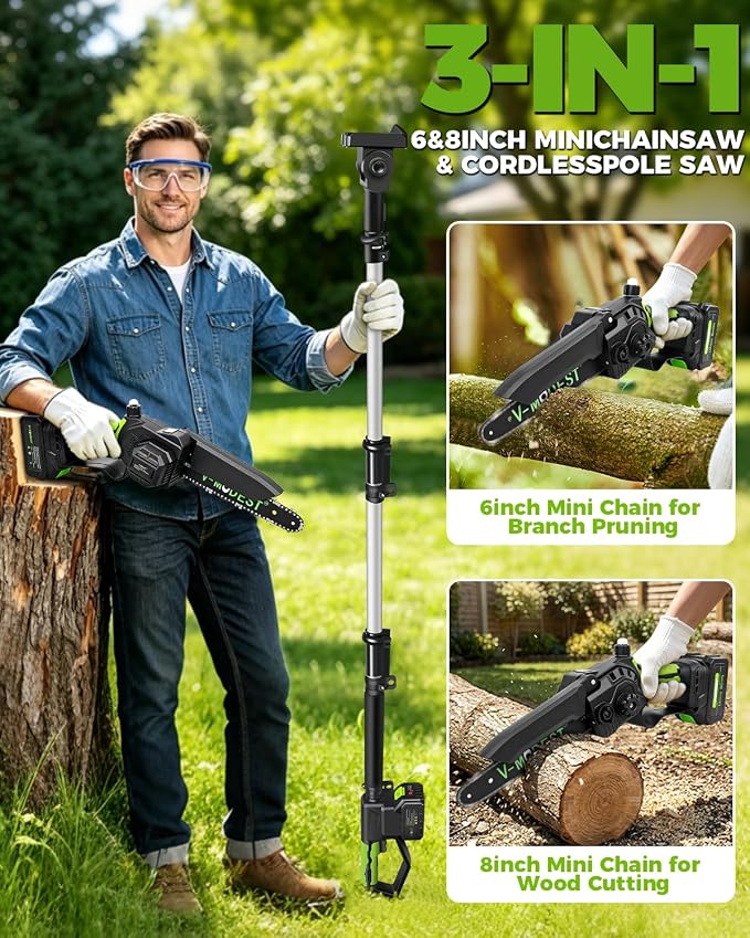 3-IN-1 Electric Pole Saws for Tree Trimming, 8&6 Inch Mini Chainsaw with Extension Pole, 2 * 4.0Ah Battery Powered Pole Chain Saw, Cordless Tree Trimmer Brushless 15ft Max Reach Branch Cutter Pruner