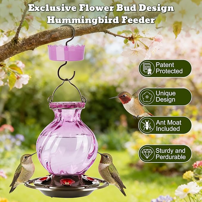 Auslar 26 Ounces Hummingbird Feeder, Purple Hummingbird Feeders for Outdoors Hanging, Ant Moat and 5 Flower Feeding Ports, Fade Proof, Rustproof, Leakproof, Netted Flower Bud Shape Bottle