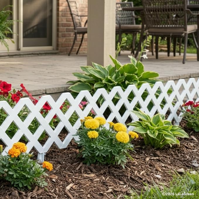 LaLaGreen Decorative Garden Edging Border (23 Inch, 10 Pack) White Plastic Fence Panels for Flower Beds Lawn Landscaping, Small Fencing Barrier Patio Paths Trees Rings Outdoor Yard Modern Style Decor