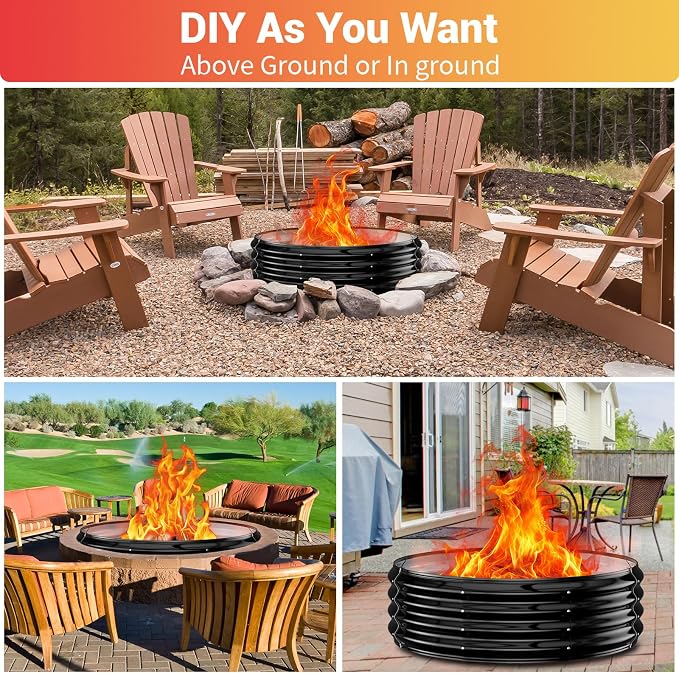 48" Outdoor Fire Pit Ring – Wood Burning Fire Pit/Fireplace with 12" Deep Design for Outside Backyard Fires – Heavy Duty Galvanized Steel with Heat-Resistant Coating for Patio, Camping & Bonfires