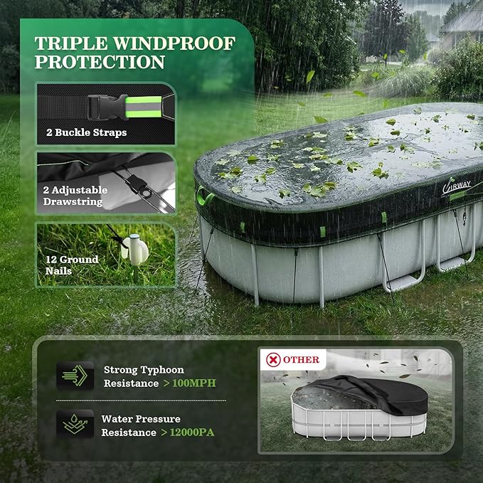 UIRWAY 500D Pool Cover 12x24FT Oval [2026 Upgraded Heavy Duty Fabric] Solar Pool Covers for Above Ground Pools, Swimming Pool Covers Including Windproof Straps and Luminous Ground, UV Resistant
