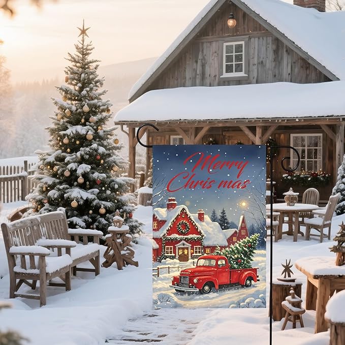 Merry Christmas Garden Flag 12x18 Inch Red Truck House Xmas Winter Holiday Seasonal Theme Decorative Yard Flags for Outside Double Sided Outdoor Home Farmhouse Decoration Porch Decor
