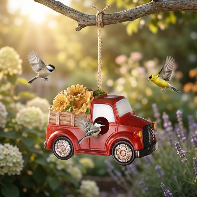 Polystone Resin Bird House Outdoor Garden Bird House, Red Truck with Flowers