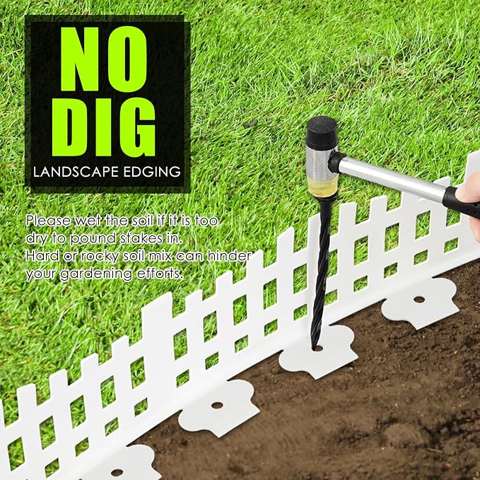 Sasylvia 4.5'' x 50 ft White Picket Fence Garden Border Mini Garden Fence Without Dig with 45 Stakes Plastic Decorative for Grass Plant Flowerbed Landscaping Lawn