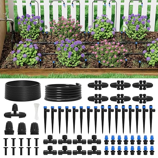 2026 Upgrade 256FT Quick-Connect Drip Irrigation System Kit with 1/4” & 1/2” Fast-Lock Tubing, Adjustable Emitters & Sprinklers for Garden & Greenhouse