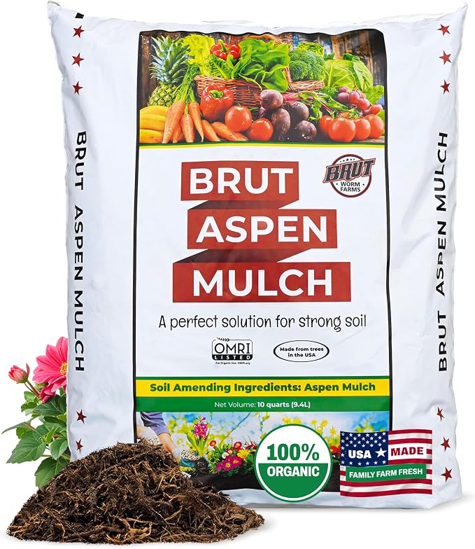 Brut Organic Aspen Mulch 10 QT – Natural Moisture Retainer & Root Protector – Odor-Free, Nutrient-Rich Bark Mulch for Landscaping, Garden Beds & Potted Plants