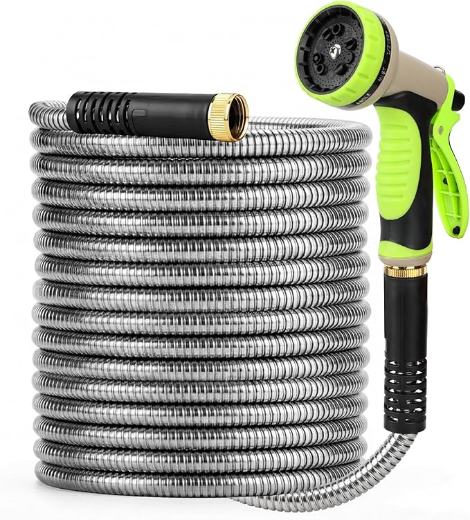 UNCO- Metal Garden Hose, 25 ft, Stainless Steel, Heavy Duty Flexible Hose with 10-Function Spray Nozzle & 3 Extra Washers, No-Kink, Lightweight, Puncture Proof for Outdoor Yard, Lawn, Plants, Car Wash