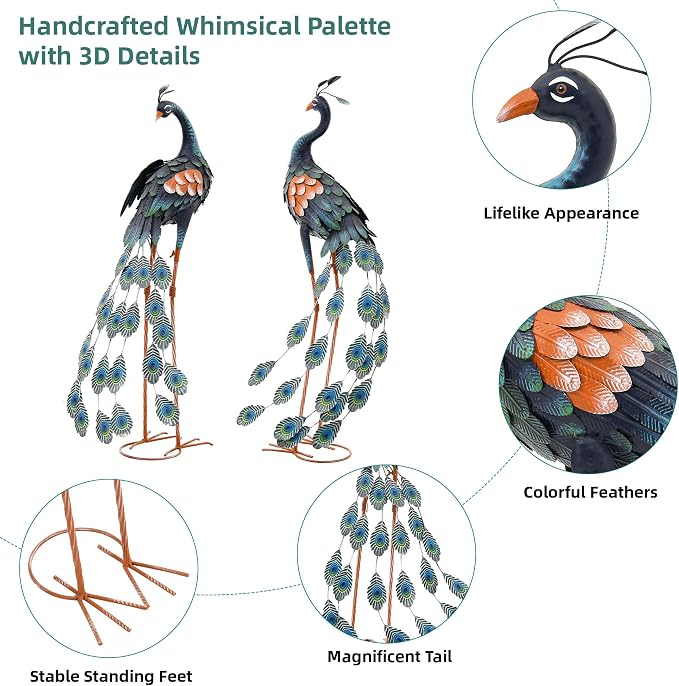 36" Oversized Peacock Decor Set of 2, Hand-Painted Metal Yard Art, Weatherproof Outdoor Garden Statues & Sculptures for Lawn, Flower Beds, Patio, Backyard or Indoor Kitchen & Home Decor