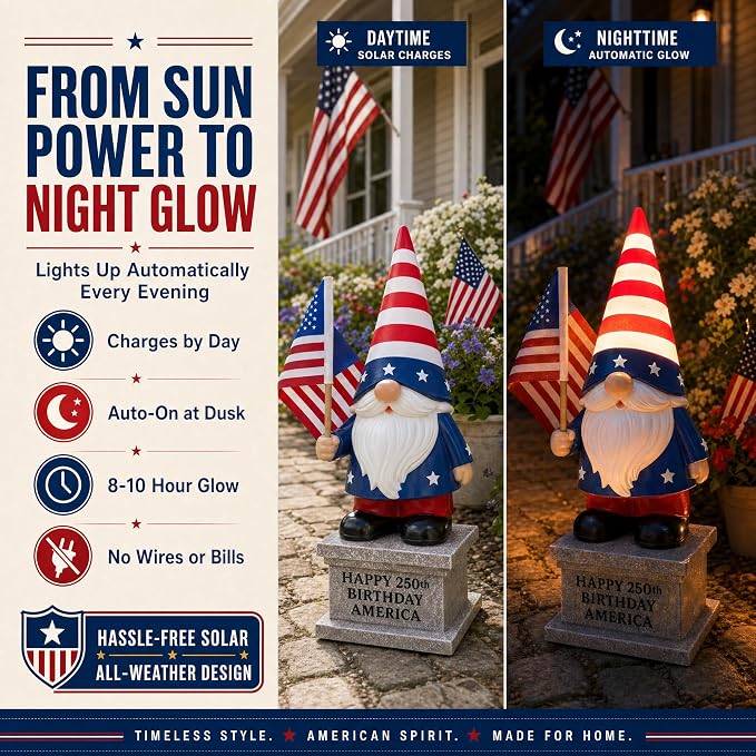 4th of July Garden Gnome with Solar Lantern 12'' Patriotic Resin Statue for Yard, Lawn, Patio - American Flag Outdoor Decoration for Memorial Day & USA 250th Anniversary Independence Day CLEARANCE